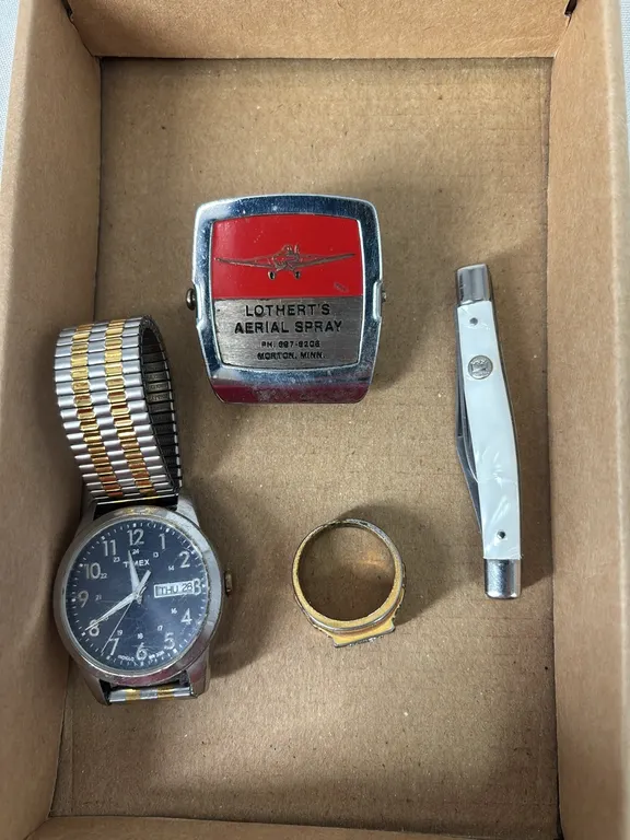 TIMEX WATCH-POCKET KNIFE-RING-LOTHERT’S AERIAL SPRAY MAGNETIC CLIP