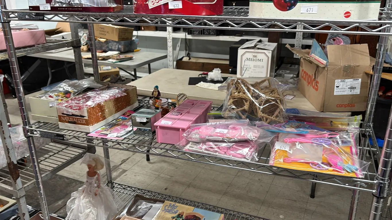 SHELF OF ASSORTED BARBIE WICKER FURNITURE, LOCKER, HOSTESS SET, CLOTHING & MORE