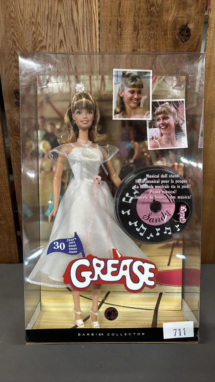 VINTAGE 2008 30 YEAR ANNIVERSARY GREASE SANDY BARBIE W/MUSICAL DOLL STAND *IN ORIGINAL BOX*