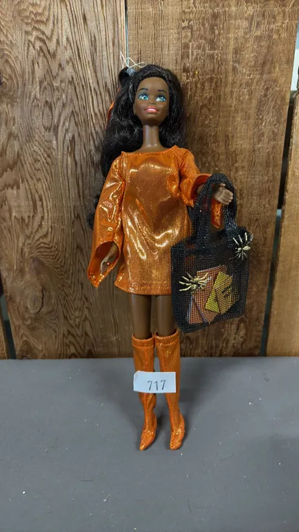 VINTAGE CHRISTIE DOLL WITH CUSTOM METALLIC ORANGE OUTFIT & MESH BAG