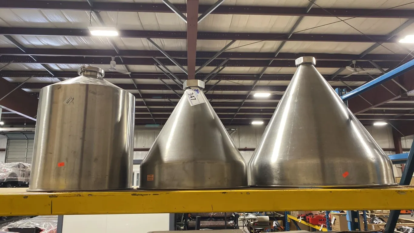 SET OF TWO STAINLESS STEEL COMMERCIAL CONICAL HOPPERS AND ONE CYLINDRICAL HOPPER