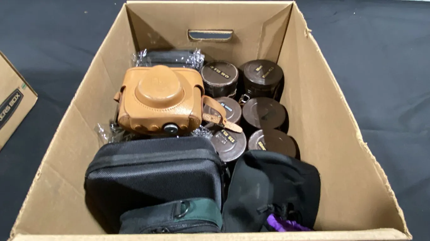 BOX OF ASSORTED LENS & CAMERA CASES