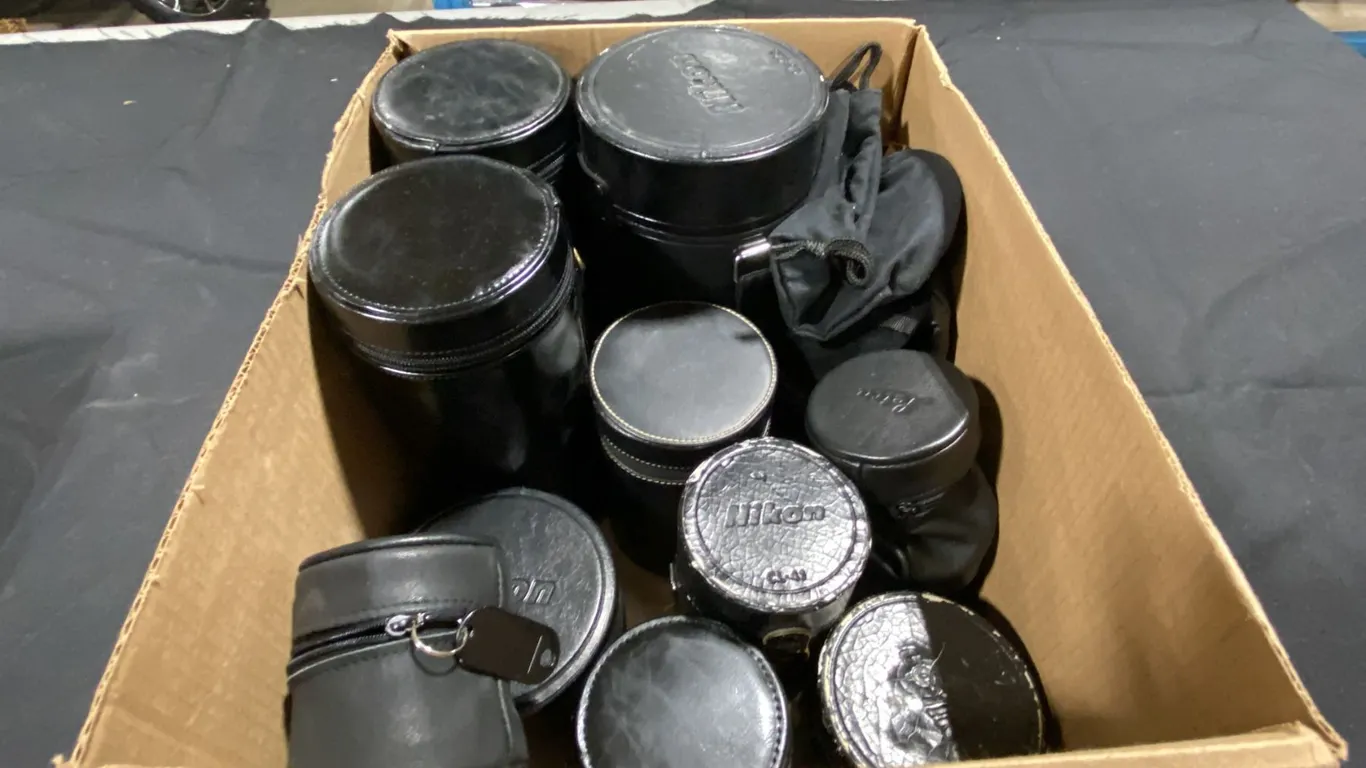BOX OF ASSORTED NIKON BLACK LEATHER LENS CASES & SOFT CASES