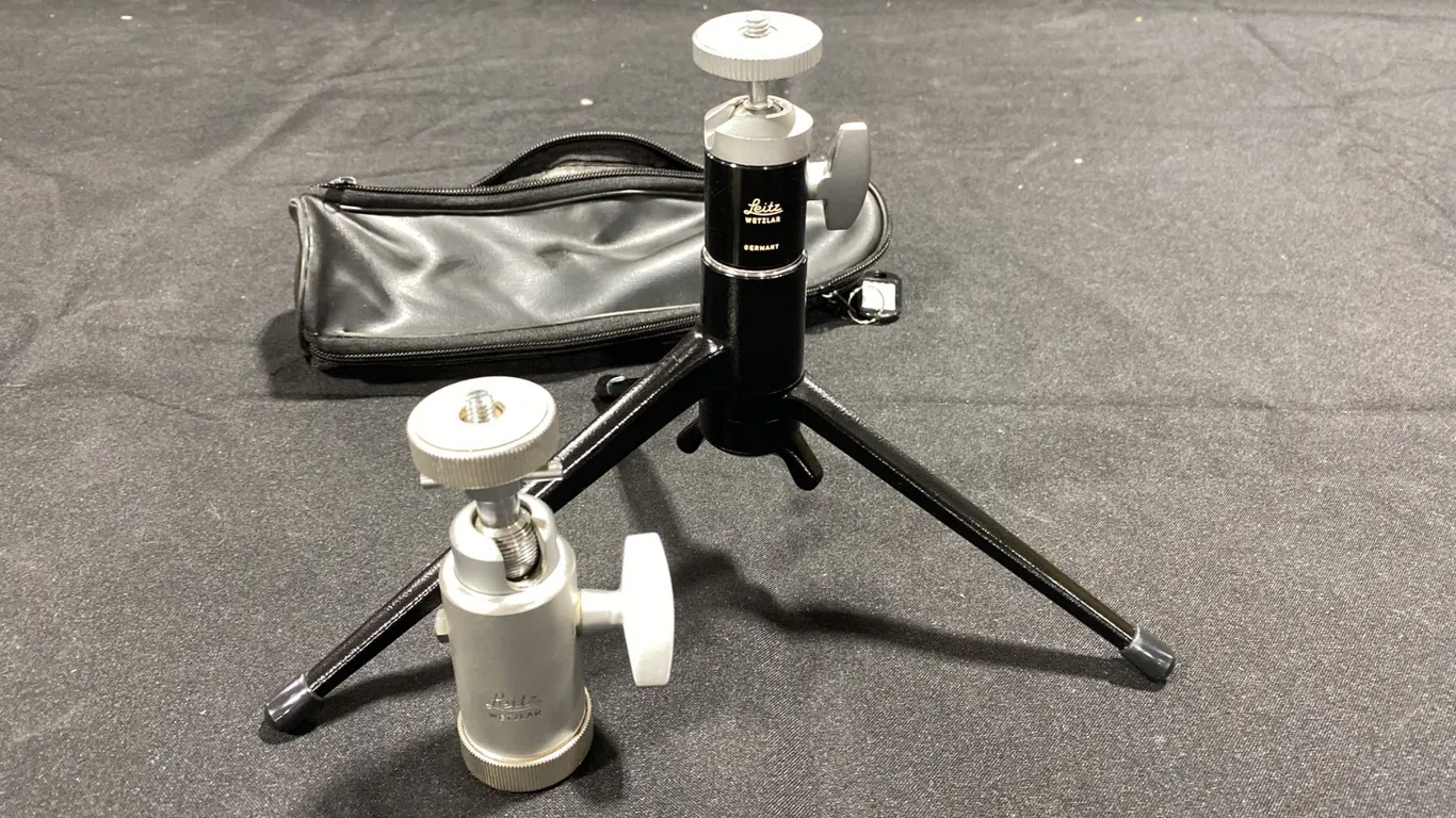 LEITZ WETZLAR TABLETOP MINI TRIPOD, LEITZ WETZLAR BALL HEAD TRIPOD ATTACHMENT & BAG