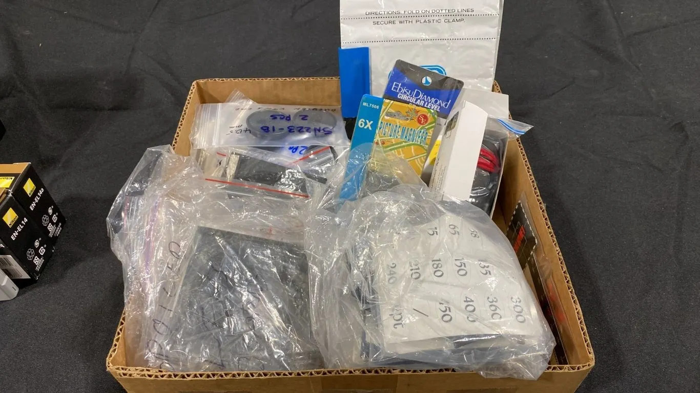 BOX OF MAGNIFIERS, LENS CAPS, LENS BOARDS, FILM SHIELD & MORE