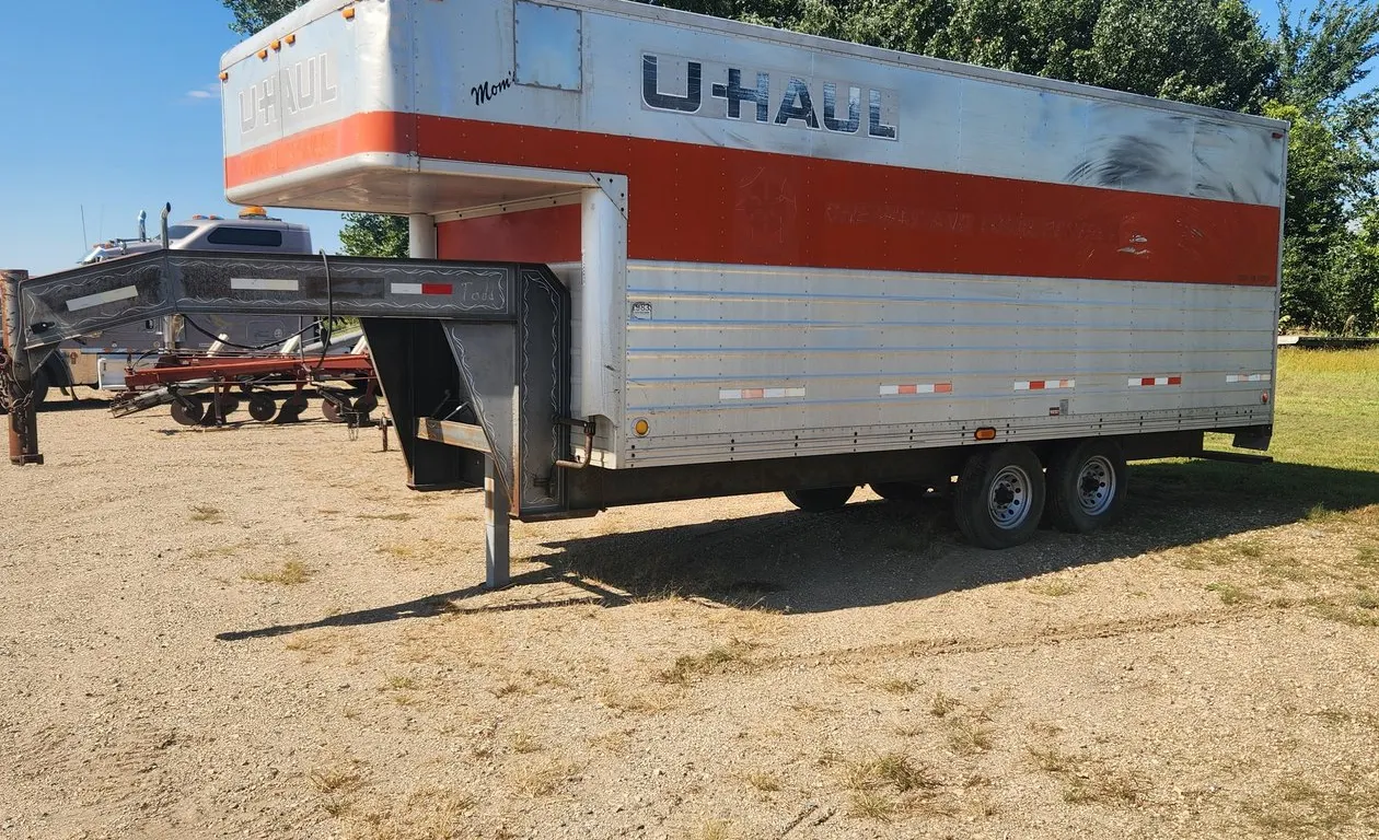 1993 BBB GN Trailer w/20' UHaul Van body, w/rollup door and slide out aluminum ramp. 2-7,000 lb. axles w/16" 10 ply tires
