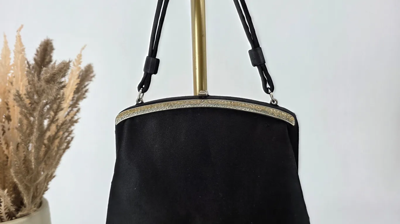 Vintage Black Evening Bag Rhinestone Frame Kiss Lock Handbag Made in USA