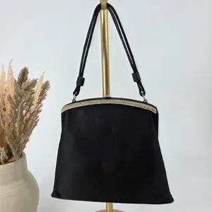 Vintage Black  Evening Bag Rhinestone Frame Kiss Lock Handbag Made in USA