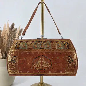 Vintage Hand Painted Indian Leather Handbag Elephant Folk Art Brown Kiss Lock