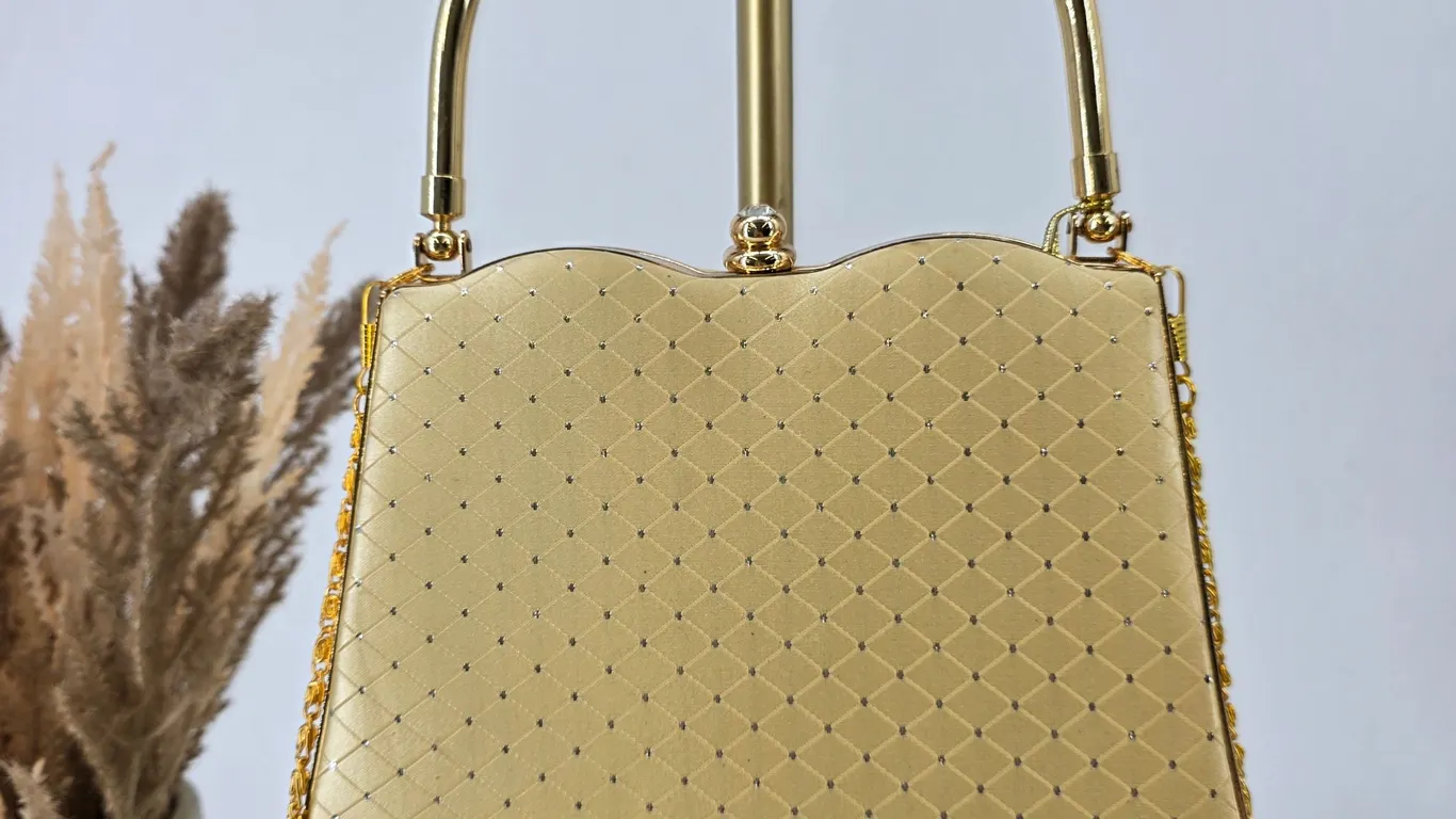 Gold Quilted Satin Evening Clutch Bag with Crystal Kiss Lock and Chain Strap