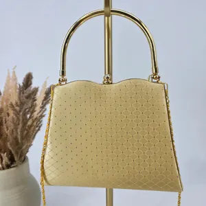 Gold Quilted Satin Evening Clutch Bag with Crystal Kiss Lock and Chain Strap