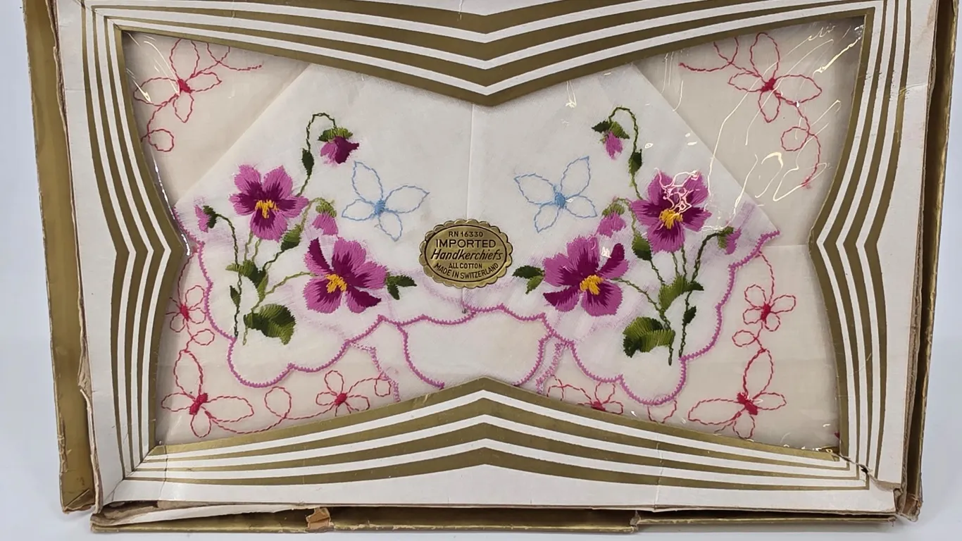 Vintage Swiss Embroidered Cotton Handkerchief Set Purple Floral Pansy