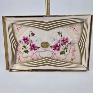 Vintage Swiss Embroidered Cotton Handkerchief Set Purple Floral Pansy