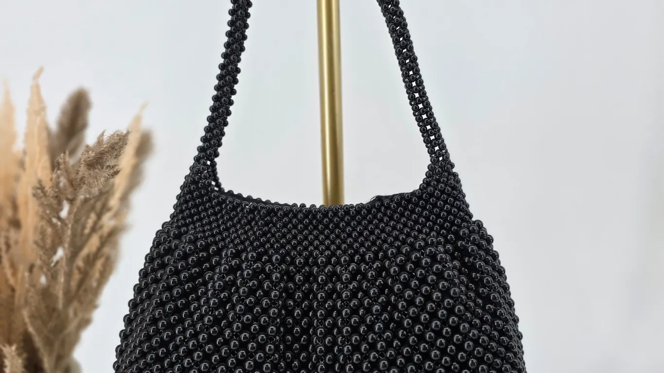 Vintage Style Black Beaded Mini Handbag Evening Bag Top Handle Purse