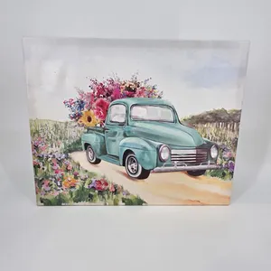 Teal Truck Floral Watercolor Canvas Wall Art Farmhouse Decor