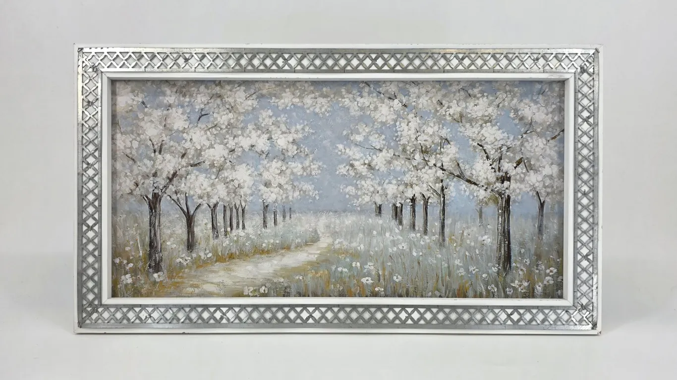 Framed White Blossom Tree Landscape Textured Wall Art Silver Lattice Frame