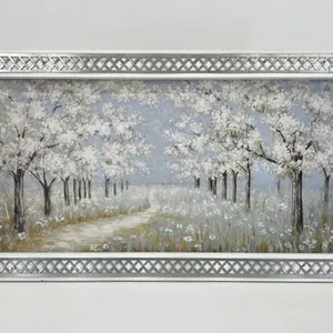Framed White Blossom Tree Landscape Textured Wall Art Silver Lattice Frame