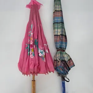Vintage Umbrella Lot Pink Hand Painted Floral Parasol & Blue Plaid