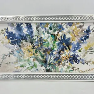 Floral Watercolor Wall Art White Frame Silver Lattice Overlay Blue Yellow