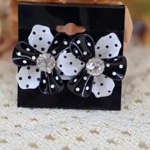 Vintage Style Black White Polka Dot Flower Rhinestone Stud Earrings Statement