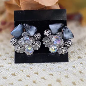 Vintage AB Crystal Smoky Grey Marbled Stone Cluster Clip On Earrings Silver Tone