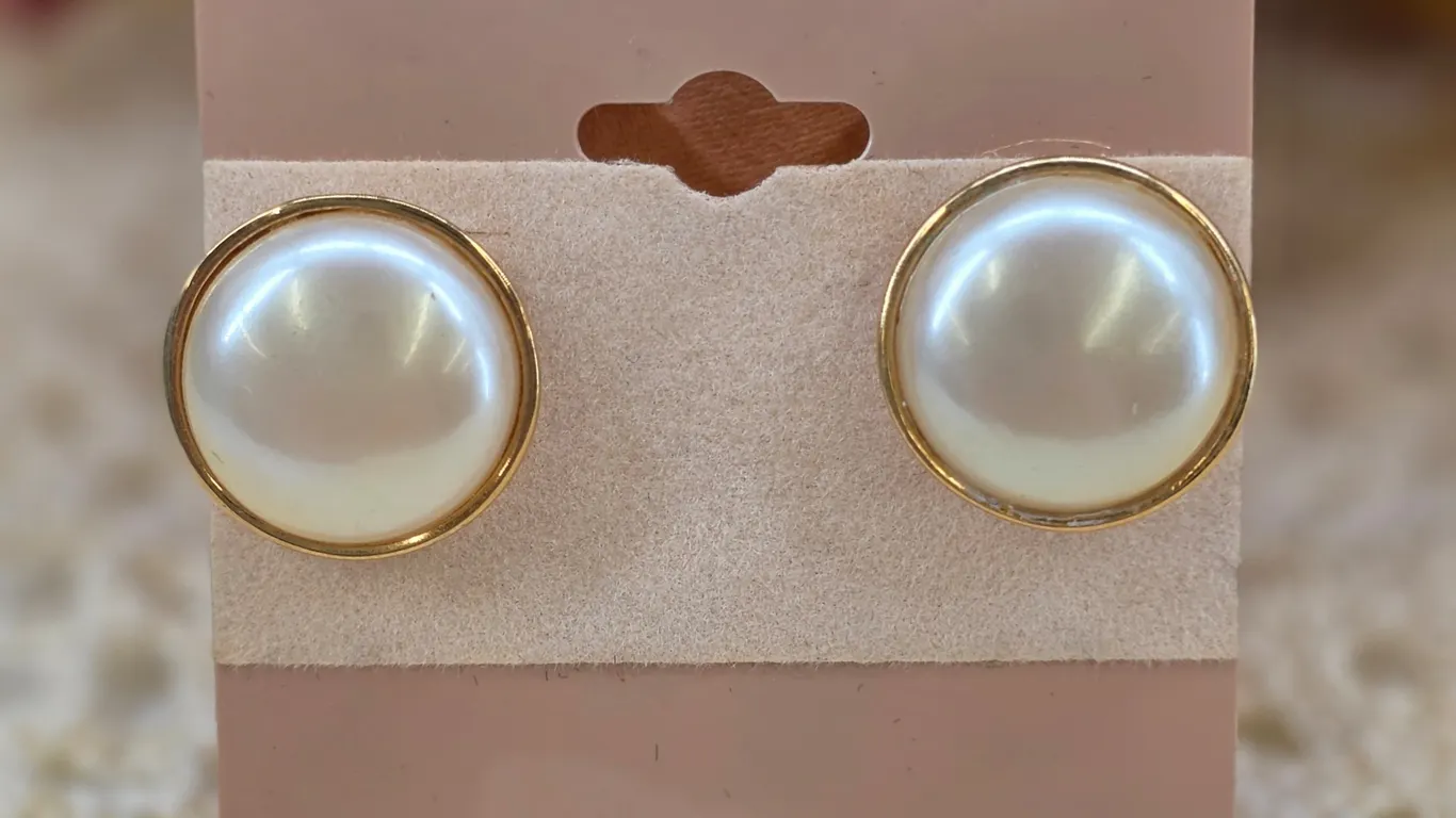 Vintage Monet Gold Tone Faux Pearl Cabochon Button Stud Earrings