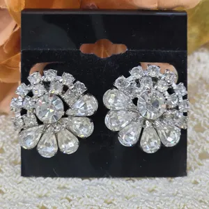 Vintage Garne Rhinestone Clip On Earrings Silver Tone Floral Cluster Statement