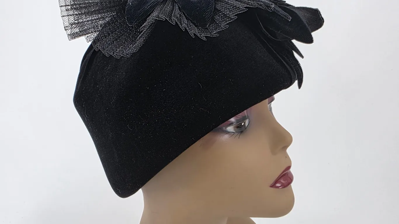Jezebel Designed by Brenda B Black Velvet Floral Tulle Pillbox Hat Vintage Style