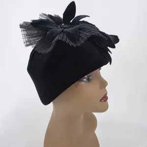Jezebel Designed by Brenda B Black Velvet Floral Tulle Pillbox Hat Vintage Style
