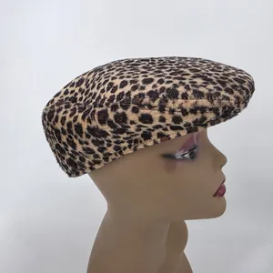 Leopard Print Faux Fur Flat Cap Newsboy Hat Brown Tan