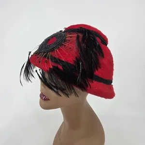 Vintage Pirouette Red Faux Fur Cloche Hat Black Feathers Beads West Germany Body