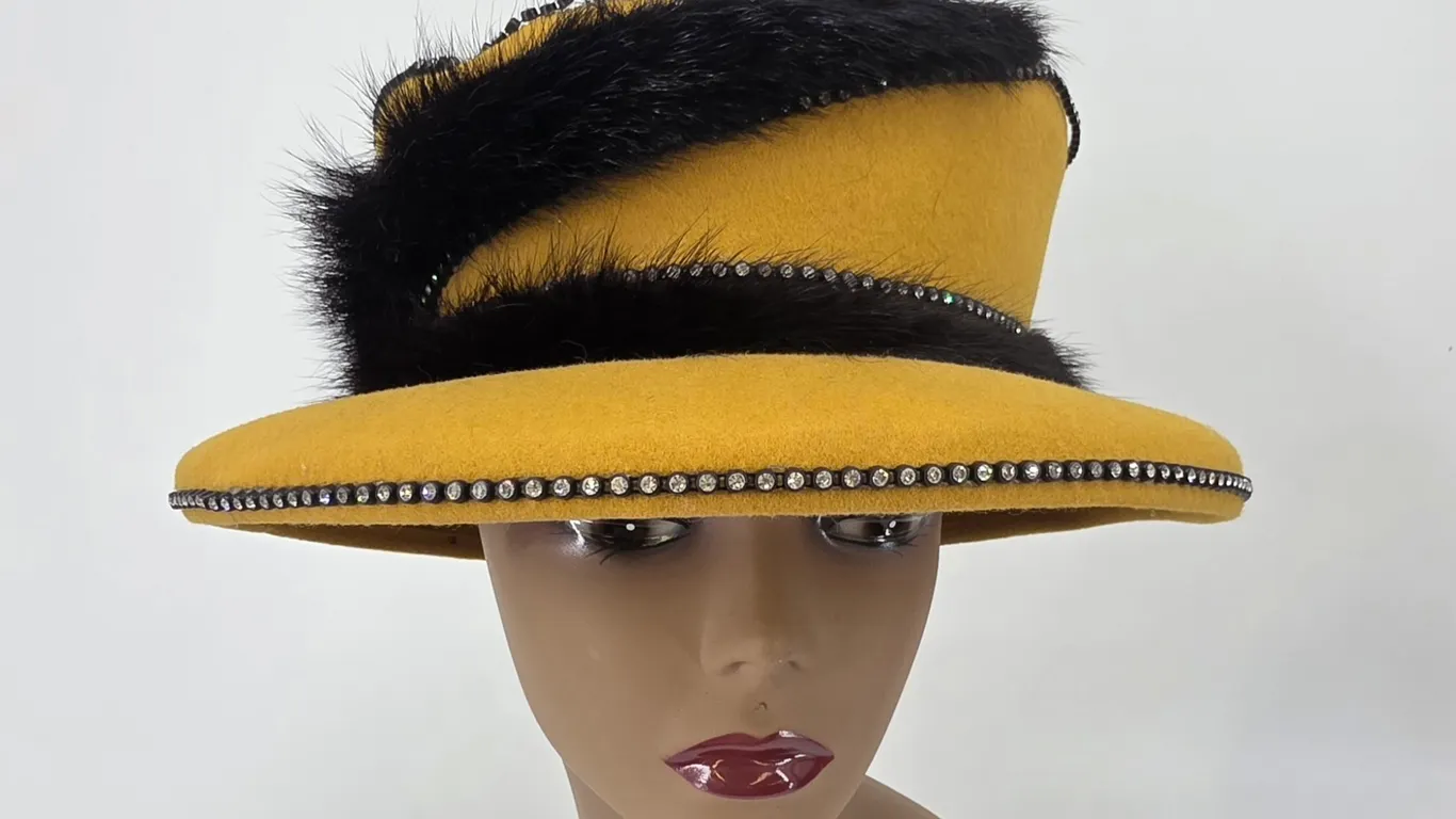 Vintage Mustard Yellow Wool Felt Hat Black Faux Fur Rhinestone Made in USA