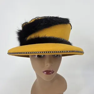 Vintage Mustard Yellow Wool Felt Hat Black Faux Fur Rhinestone Made in USA