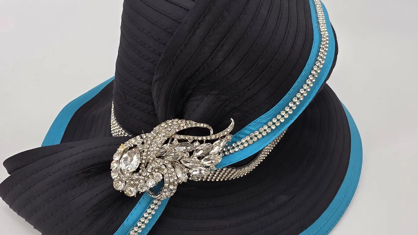 Black Turquoise Church Hat Wide Brim Rhinestone Brooch Wedding Tea Party Hat