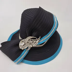 Black Turquoise Church Hat Wide Brim Rhinestone Brooch Wedding Tea Party Hat
