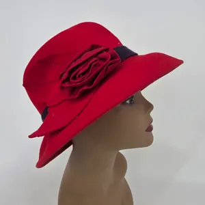 Vintage Style Red 100% Wool Felt Cloche Hat Purple Ribbon Flower Accent