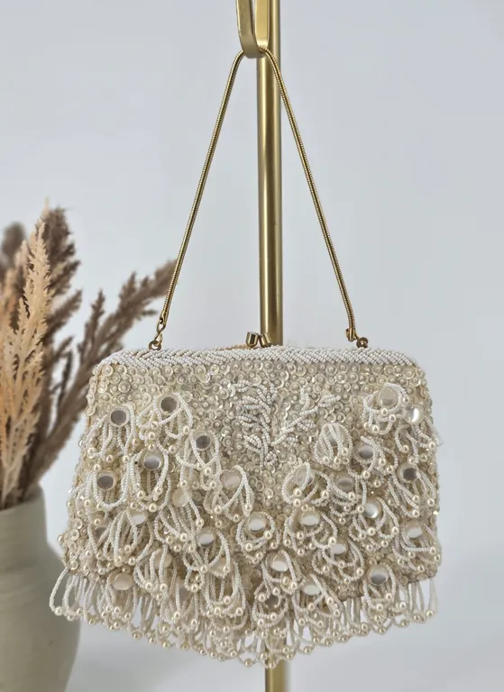 Vintage Handmade Hong Kong Beaded Pearl Sequin Evening Bag Clutch Cream Gold