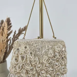 Vintage Handmade Hong Kong Beaded Pearl Sequin Evening Bag Clutch Cream Gold