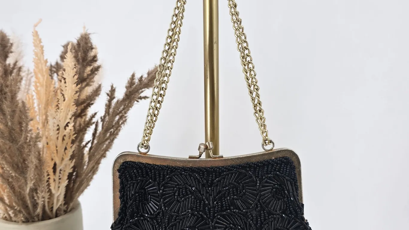 Regale Ltd Vintage Black Beaded Evening Bag Gold Tone Frame Kiss Lock Hong Kong