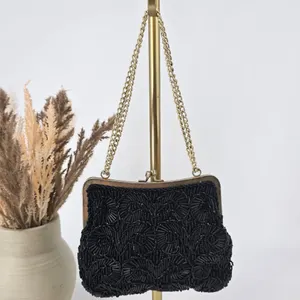 Regale Ltd Vintage Black Beaded Evening Bag Gold Tone Frame Kiss Lock Hong Kong