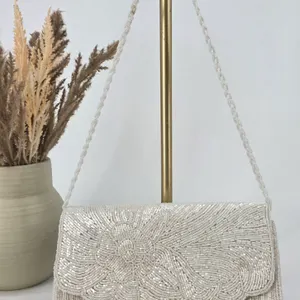 La Regale LTD Vintage White Beaded Floral Clutch Evening Bag Scalloped Flap