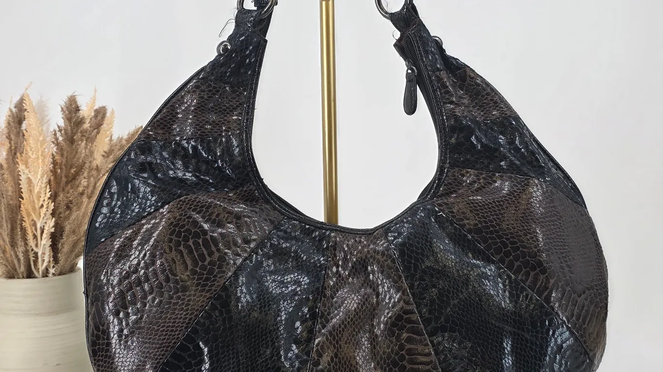 Attention Hobo Bag Black Brown Faux Snakeskin Patchwork Shoulder Bag Large