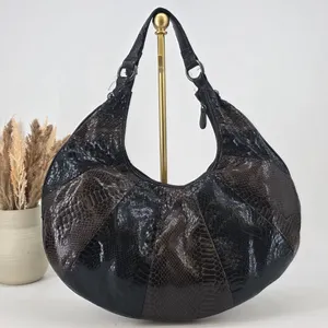 Attention Hobo Bag Black Brown Faux Snakeskin Patchwork Shoulder Bag Large