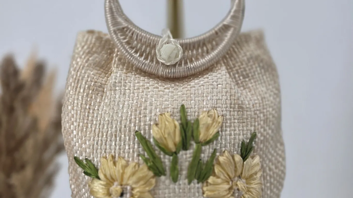 Vintage Handmade Mini Straw Bag Ribbon Floral Embroidery Top Handle Made in Philippines
