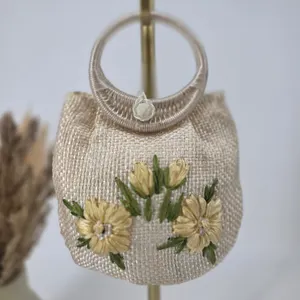 Vintage Handmade Mini Straw Bag Ribbon Floral Embroidery Top Handle Made in Philippines