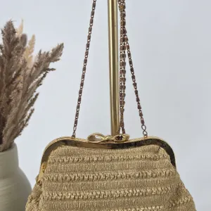 Beautiful  Vintage Style Gold Metallic Ruched Evening Clutch Bag Bow Clasp Chain Strap