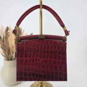 Vintage Burgundy Croc Embossed Top Handle Handbag Brass Kiss Lock Red Bag