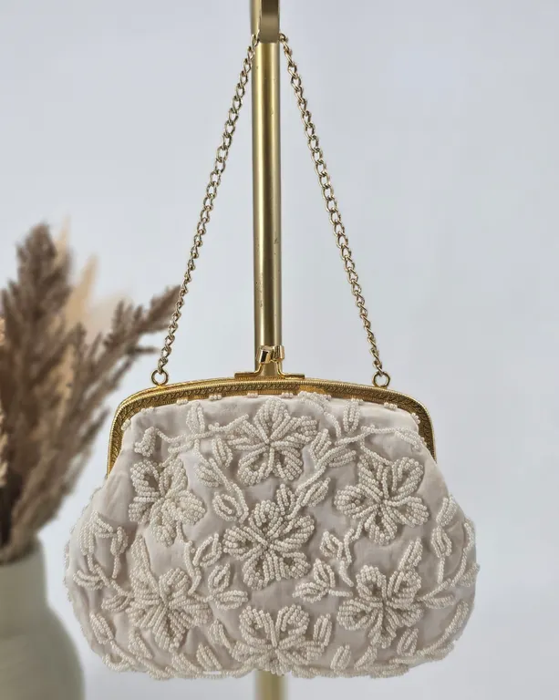 Vintage Hand Made in Hong Kong Beaded Floral Clutch White Gold Evening Bag