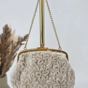 Vintage Hand Made in Hong Kong Beaded Floral Clutch White Gold Evening Bag