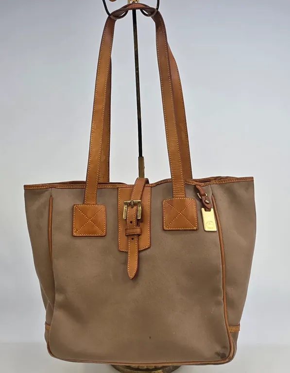 Dooney & Bourke Vintage Canvas Leather Trim Tote Bag Khaki Tan Made in USA